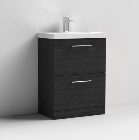 Nuie Arno Charcoal Black 600mm Floor Standing 2 Drawer Vanity Unit & Basin